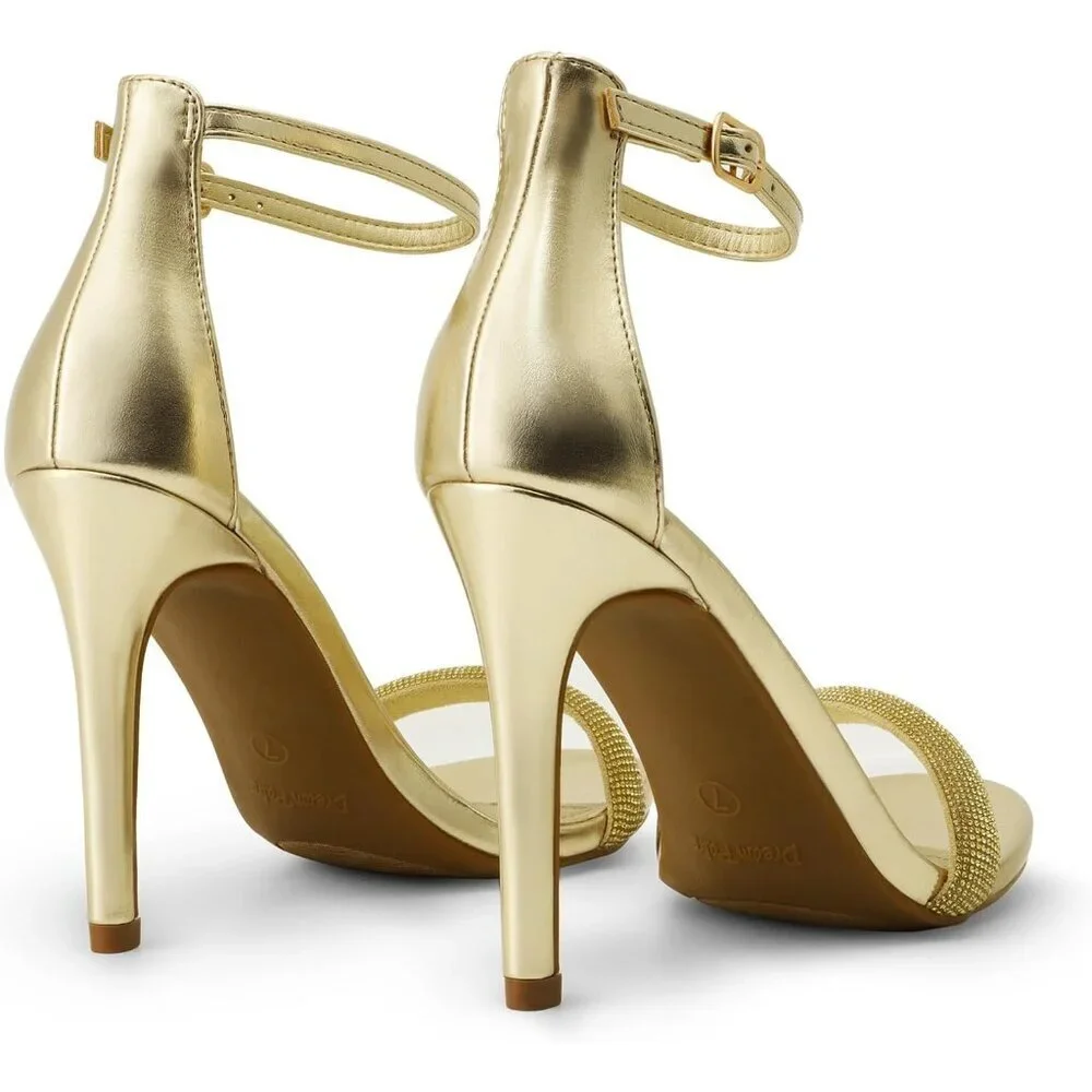 Women's Gold-Rhinestone Flower Ankle Strap Stiletto Round Open Toe Stylish Heel